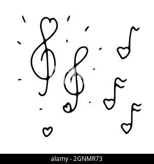 Doodle Valentines cute musical signs set. Hand-drawn love sound symbol on white background. Outline Note, treble clef in the shape of a heart. Wedding Stock Vector