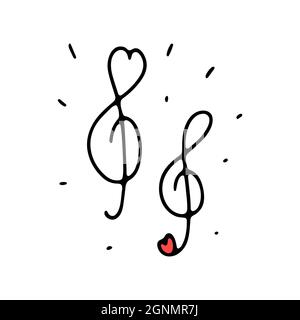 Doodle Valentines cute red musical signs. Hand-drawn love sound symbol on white background. Outline Note, treble clef in the shape of a heart. Wedding Stock Vector