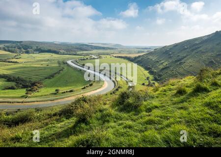 View from High and Over, E. Sussex of the river Cuckmere valley and South Downs.  Looking towards the sea. Stock Photo