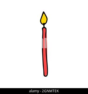 Cute doodle burning long candle. Hand-drawn color decor isolated on white background. Holiday, Valentines Day, Birthday, Christmas, spa, church line s Stock Vector