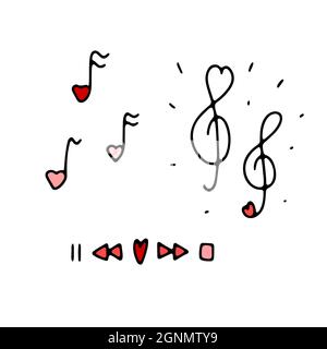 Doodle Valentines musical signs set. Hand-drawn love symbol on white background. Note, treble clef, rewind mark, play, pause in the shape of a heart. Stock Vector