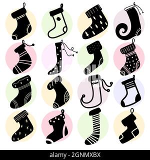Black Christmas Stocking Santa Claus Socks hand drawn design elements vector illustration. Calligraphy holiday New Year icon set winter with fir tree Stock Vector