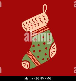 Hand drawn Decorative Christmas Stocking hanging New year decorations for gifts. Santa Claus socks vector illustration. Traditional stylish winter art Stock Vector