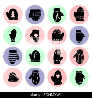 Mitten glove Christmas hand drawn design elements vector illustration green pink blue red round. Calligraphy holiday New Year icon winter plant eve Stock Vector