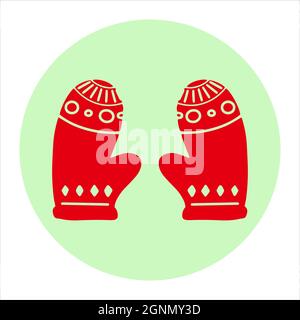 Red pair of warm mittens icon in cartoon style green circle sticker background vector illustration. Hand drawn Christmas mitten decoration New Year Stock Vector