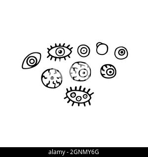 Doodle scary eyes set. Hand-drawn crazy monster elements. Outline eyeball with a pupil, eyelashes, vessels, cracks. Witch, zombie sign. Spooky symbol. Stock Vector