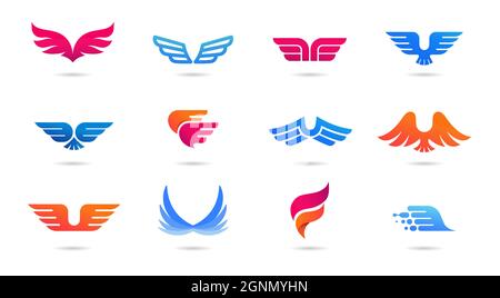 Collection of wings logos, icons and symbols. Fast delivery, motion and speed concept. Stock Vector