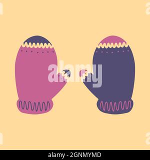 Christmas mittens illustration Calligraphy inspiration graphic design typography element. Hand drawn postcard. Cute violet yellow pink glove mitten Stock Vector