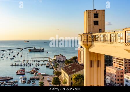 View of the bay of All Saints and Lacerda elevator in the famous city of Salvador, Bahia Stock Photo