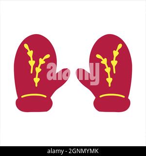 Pair of warm mittens icon in cartoon style isolated on white background illustration. Hand drawn Christmas mitten in red yellow colours with plant bra Stock Vector