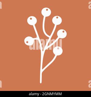 Hand drawn white berry Gelder rose plant on brown orange background illustration. Beautiful winter branch logo element Graphic design drawn Christmas Stock Vector
