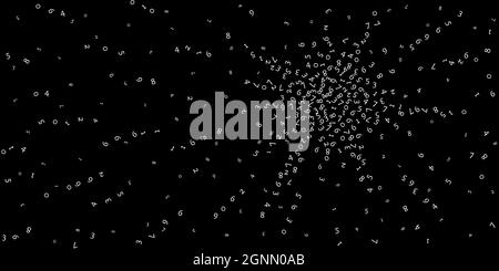 Falling numbers, big data concept. Binary white random flying digits. Fabulous futuristic banner on black background. Digital vector illustration with Stock Vector