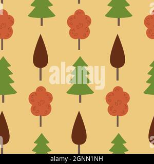 Autumn seamless pattern, green red trees forest, vector illustration for textile and wrapping paper Stock Vector