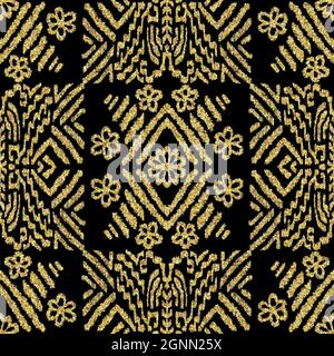 Seamless gold glitter ethnic rug motif pattern. Stock Photo