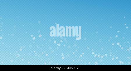 Sparse snowfall Christmas background. Subtle flying snow flakes and stars on blue transparent background. Authentic winter silver snowflake overlay te Stock Vector