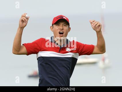 Kohler, United States. 26th Sep, 2021. Collin Morikawa celebrates after clinching the USA victory on the 17th green at the 43rd Ryder Cup at Whistling Straits on Sunday, September 26, 2021 in Kohler, Wisconsin. The United States won the 2020 Ryder Cup for the second time in as many tries on home soil. Photo by Mark Black/UPI Credit: UPI/Alamy Live News Stock Photo