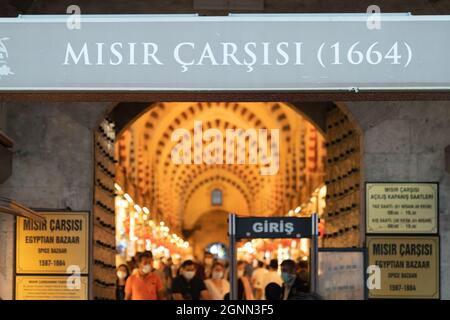 Istanbul, Turkey - September 2021: Entrance signage of Spice Bazaar, or Misir Carsisi in Turkish. Spice Bazaar is the traditional grand bazaar of old Stock Photo