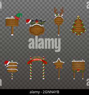 Set of christmas road signs and wooden signboards with decorations and lights Stock Vector