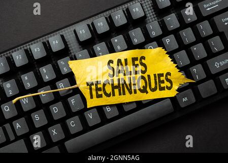 Text showing inspiration Sales Techniques. Word Written on methods that sales professionals use to create revenue Online Browsing And Exploring Stock Photo