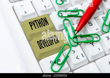Writing displaying text Python Developer. Word Written on responsible for writing serverside web application logic Connecting With Online Friends Stock Photo