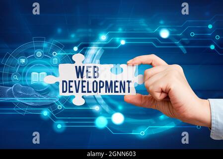 Conceptual display Web Development. Word for dealing with developing websites for hosting via intranet Hand Holding Jigsaw Puzzle Piece Unlocking New Stock Photo