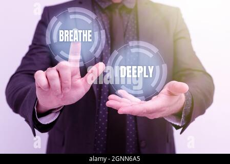 Text caption presenting Breathe Deeply. Business concept to take a large breath of air into your lungs To pause Presenting New Plans And Ideas Stock Photo