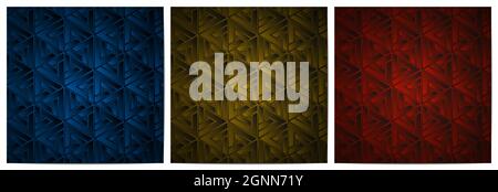 Set of abstract geometric pattern with stripes triangle lines weave polygonal shape dark background of blue,gold and red Stock Vector