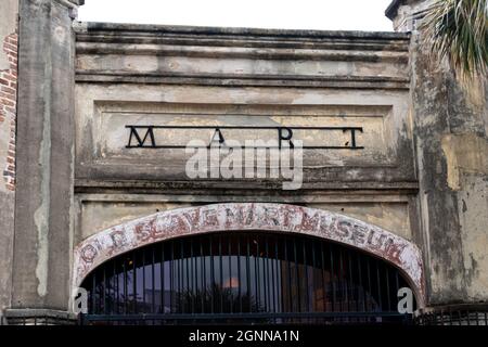 A sign for the old slave market in Charleston, South Carolina that was once a antebellum slave auction gallery Stock Photo