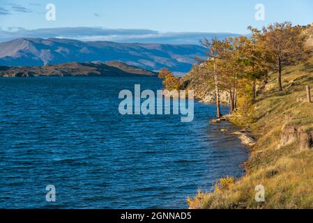 View of Small Sea Strait on Lake Baikal on autumn day, Joy Bay Stock Photo