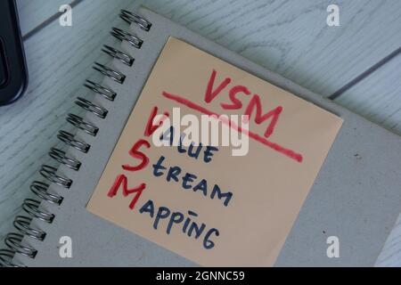 VSM - Value Stream Mapping write on sticky notes isolated on Wooden Table. Stock Photo