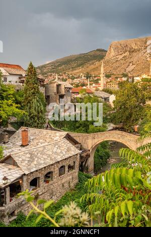 Mostar Old Town cityscape at sunset, BiH Stock Photo