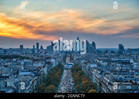 Paris France, high angle view city skyline at La Defrense and Champs Elysees street with autumn foliage season Stock Photo