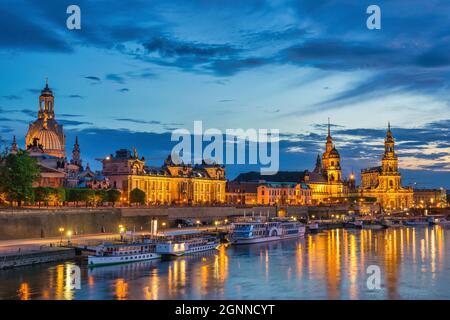 Dresden Germany, night city skyline at Elbe River and Augustus Bridge Stock Photo