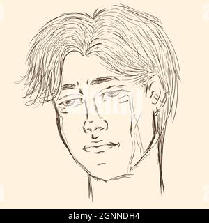 Drawing sketch sad crying guy with tears Stock Vector