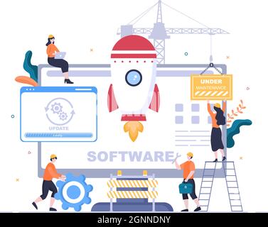 Software System Under Maintenance Vector Illustration. Error Website, Development and Update Webpages on Mobile Application For Poster Template Stock Vector