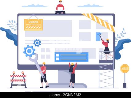 Software System Under Maintenance Vector Illustration. Error Website, Development and Update Webpages on Mobile Application For Poster Template Stock Vector