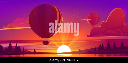 Sunset landscape with flying hot air balloons, lake and sun on horizon. Vector cartoon illustration of airships with baskets fly over river and coniferous forest on coast at evening Stock Vector