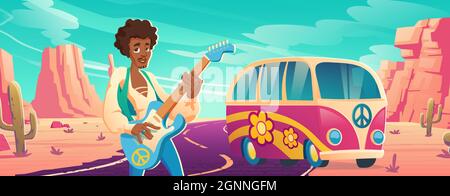 Hippie peace music, hippy black man playing guitar near pink bus with flowers ornament at desert highway. Culture of sixties, flowerchild guitarist musician singing song, Cartoon vector illustration Stock Vector