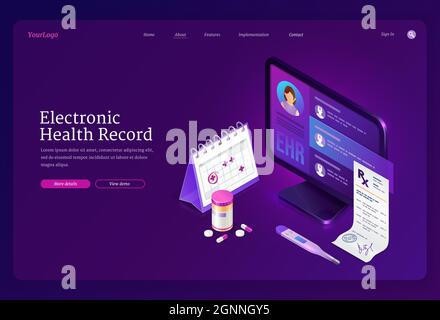 Ehr, electronic health record isometric landing page. Innovative medicine technology, electronically stored information database, pc with patient profile and pills, telehealth, 3d vector web banner Stock Vector