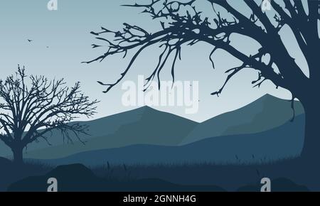 Beautiful morning mountain views from the out of the city with fantastic dry tree silhouettes. Vector illustration of a city Stock Vector