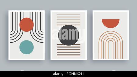 Abstract wall art painting with boho colors background. Minimalist geometric elements and hand drawn line. Mid century scandinavian nordic style. Stock Vector