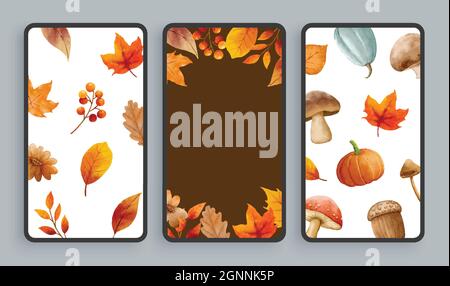 Autumn mobile screen background. Abstract smartphone background template watercolor style. Stock Vector