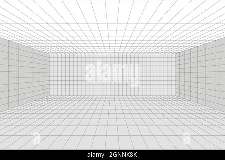 Grid perspective white room with gray wireframe background. Digital cyber box technology model. Vector abstract architectural template Stock Vector