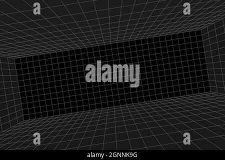 Grid perspective sloping black room. Gray wireframe background. Digital cyber box technology model. Vector abstract architectural template Stock Vector