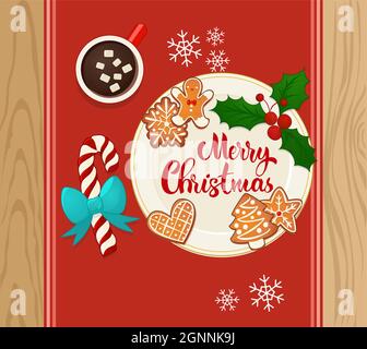 Plate with gingerbread Christmas cookies with hot cocoa. Hand lettering composition. Top view vector illustration for new year and winter holiday design. Stock Vector