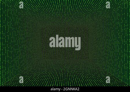 3d Grid perspective room in matrix technology style. Virtual reality tunnel or wormhole. Abstract binary computer code background Stock Vector