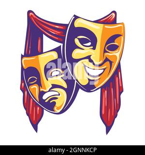 Emblem of Theater Masks Retro Emblem. Drama and Comedy Mask and curtain. Vector illustration. Stock Vector