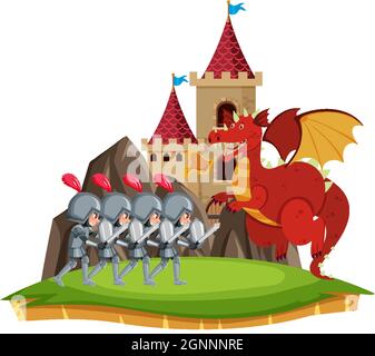 Knights fight with dragon at the castle illustration Stock Vector Image ...