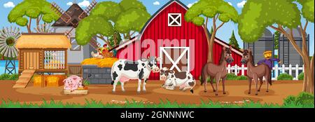 Farm horizontal landscape scene with farmer kids cartoon character ...