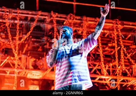 New York, USA. 26th Sep, 2021. Post Malone performs at the Governors Ball music festival 2021 at Citi Field in New York City on Sept. 26, 2021. (Photo by Gabriele Holtermann/Sipa USA) Credit: Sipa USA/Alamy Live News Stock Photo